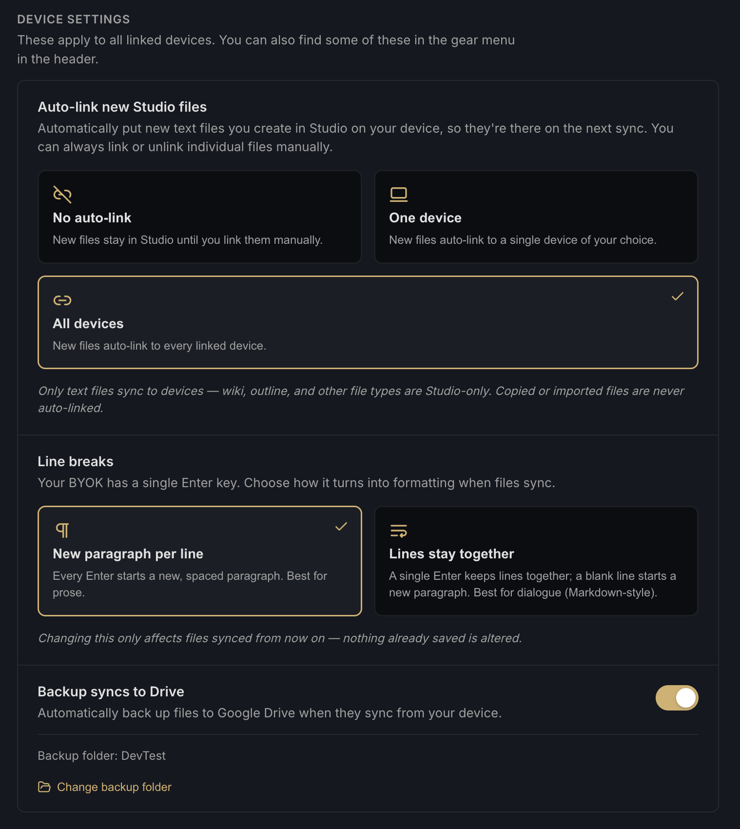 Device Settings on the Devices page, including line break handling and automatic sync for new Studio files