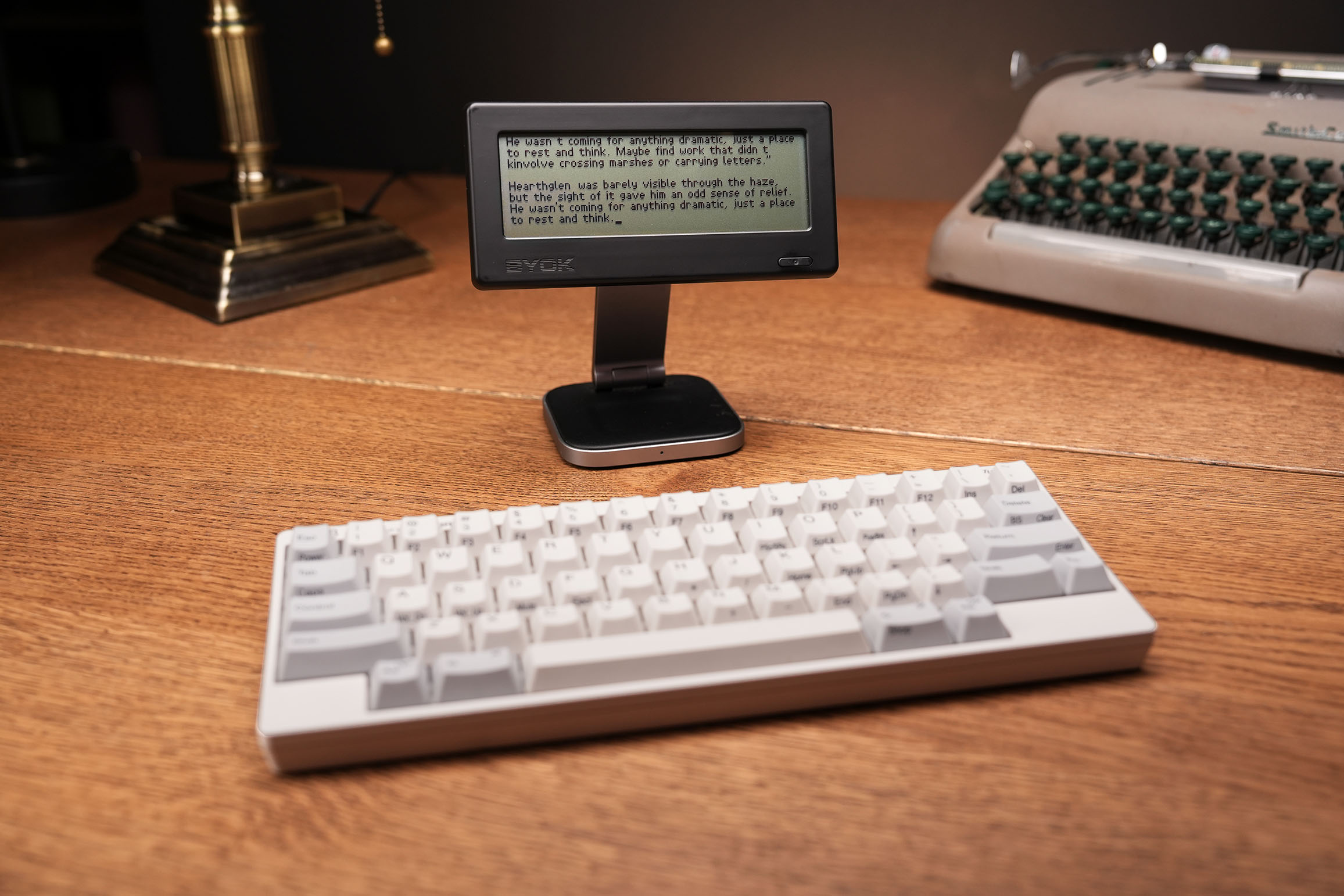 BYOK writing device set up for focused drafting with an external keyboard