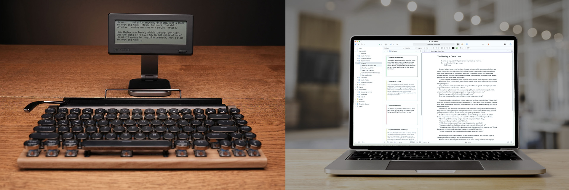 Comparison of a focused digital typewriter setup and a distracting laptop workspace