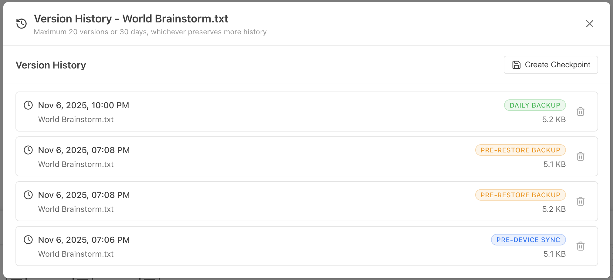 Version history interface showing file snapshots and restore options