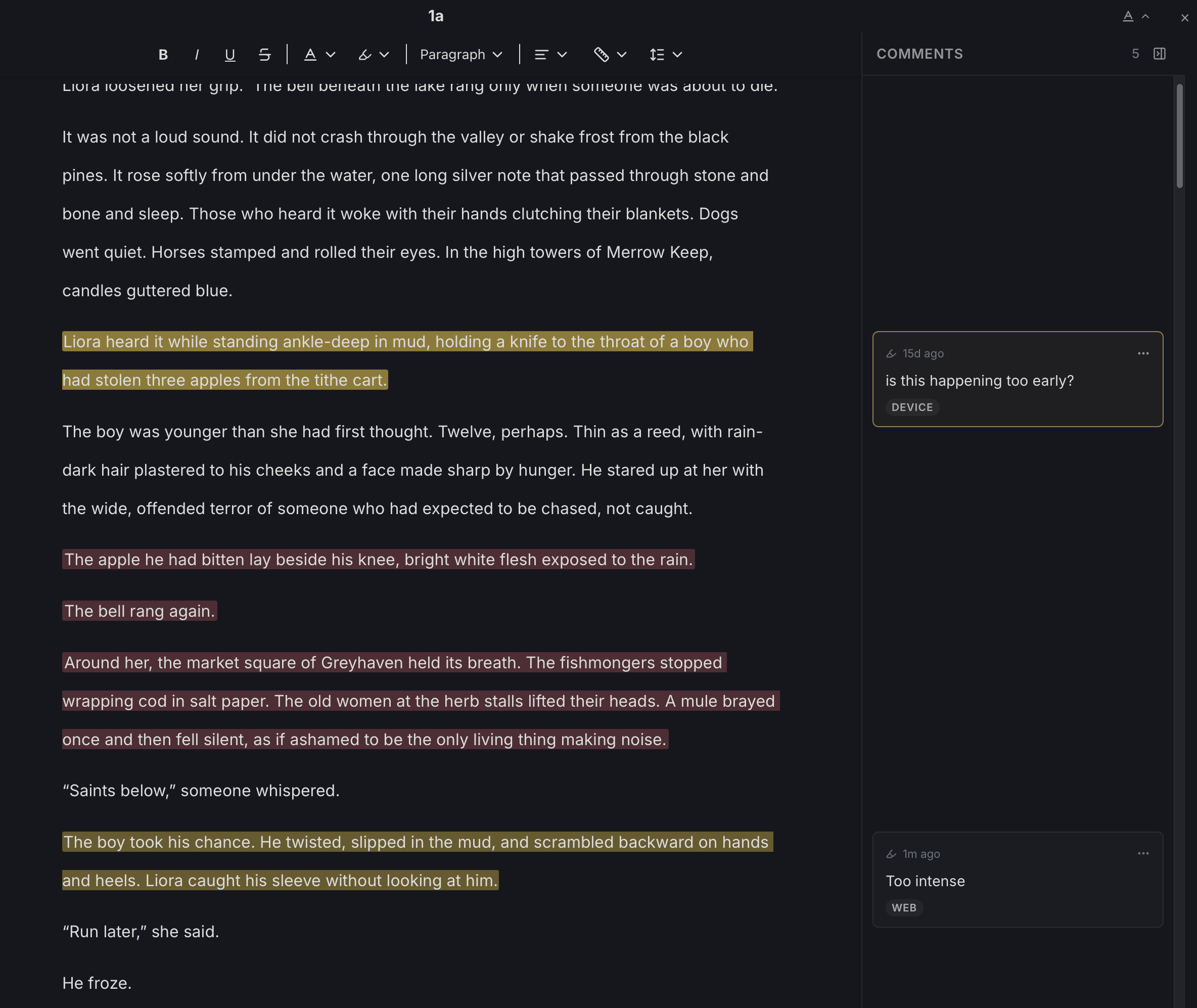 A scene open in Studio during a line-editing pass, with highlighted passages and comments in the margin