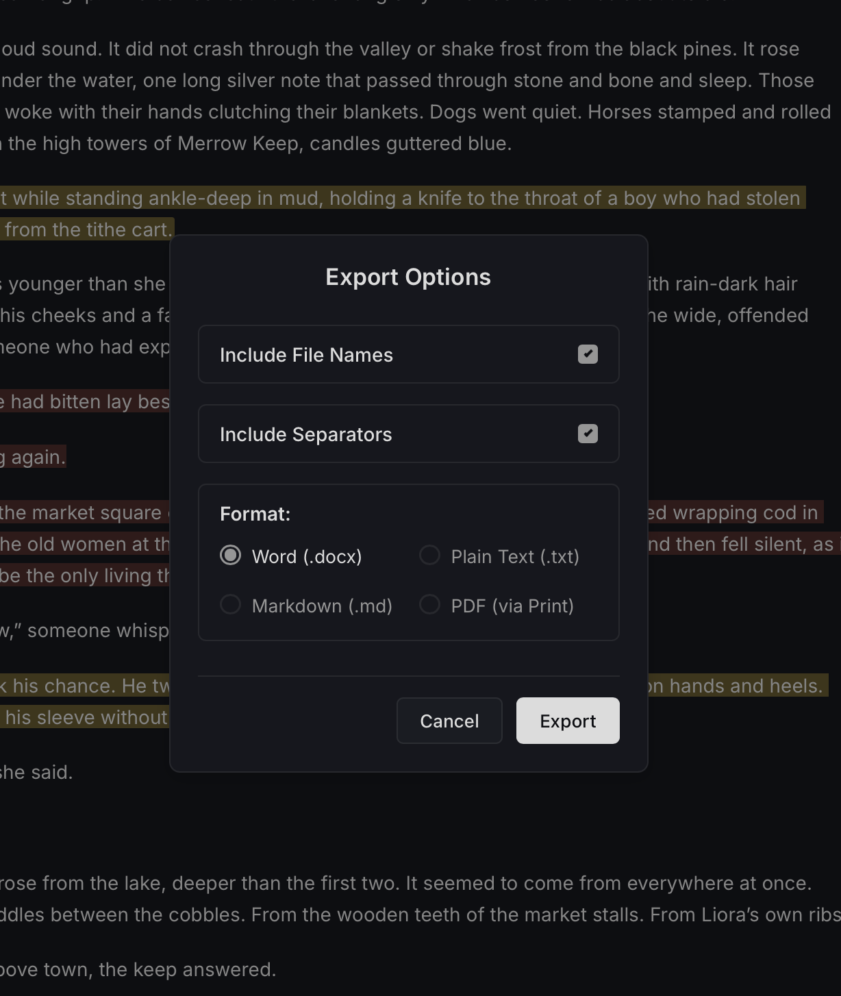 Studio export options dialog with Word, plain text, Markdown, and PDF formats