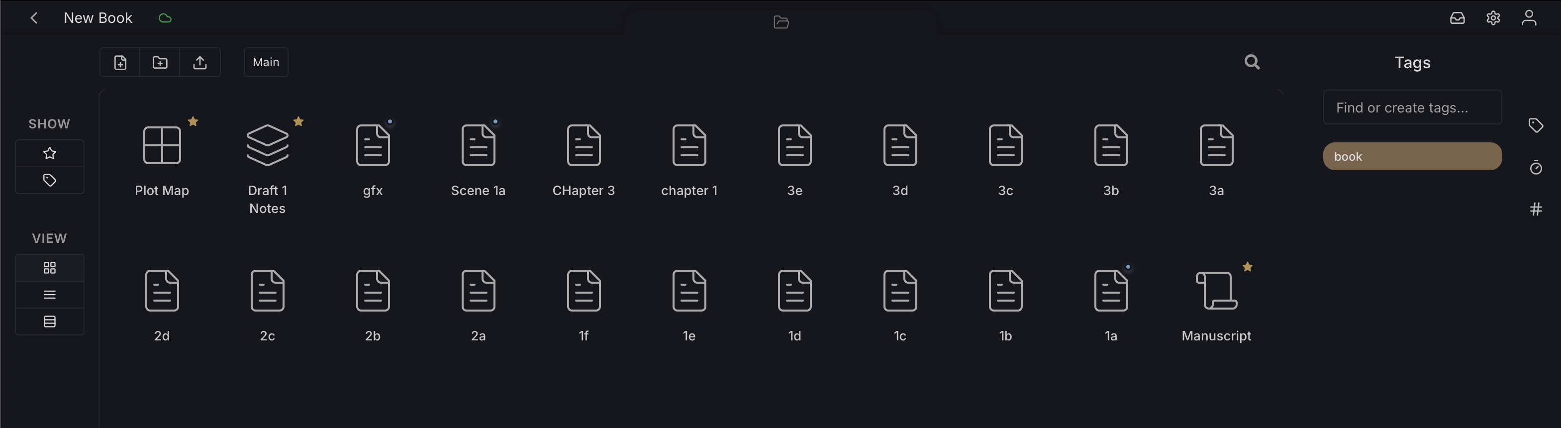 Studio project view showing the synced scene files alongside the Plot Map, Draft 1 Notes, and Manuscript files