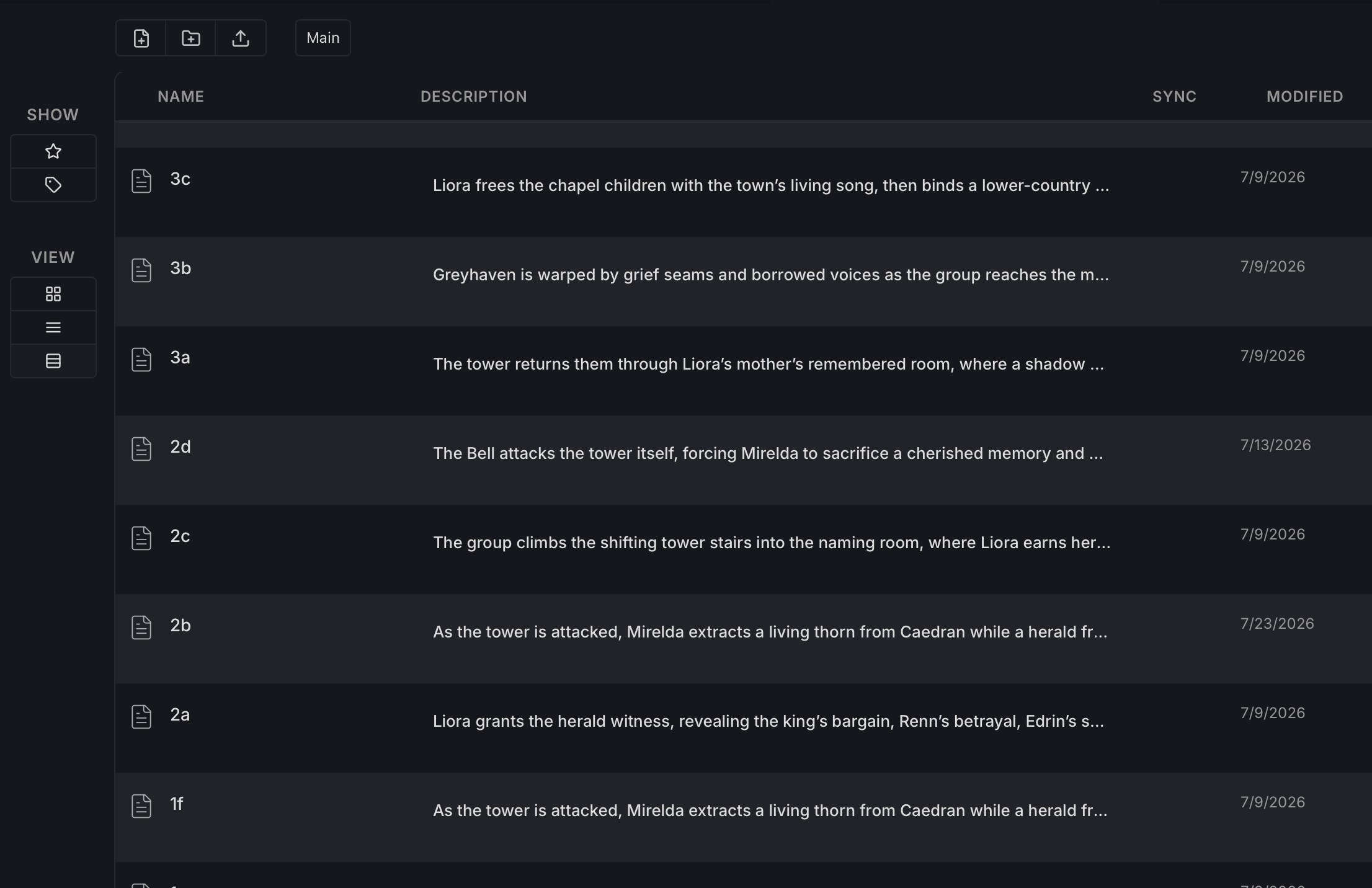 Studio list view showing scene files with a short description written for each scene