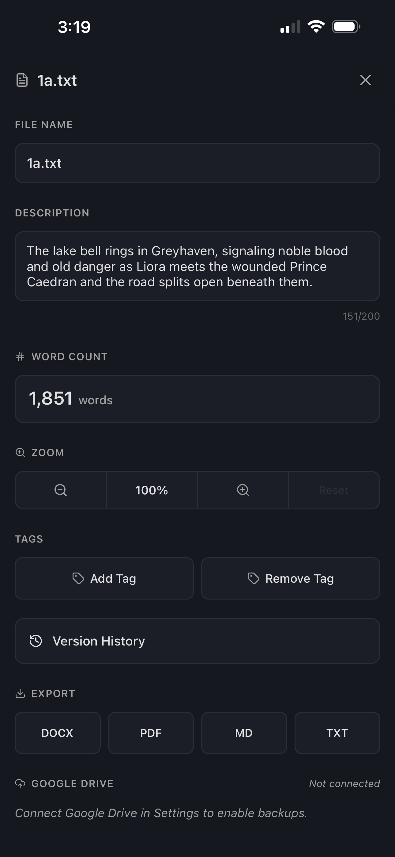 Studio mobile app showing a scene's details with the description field filled in