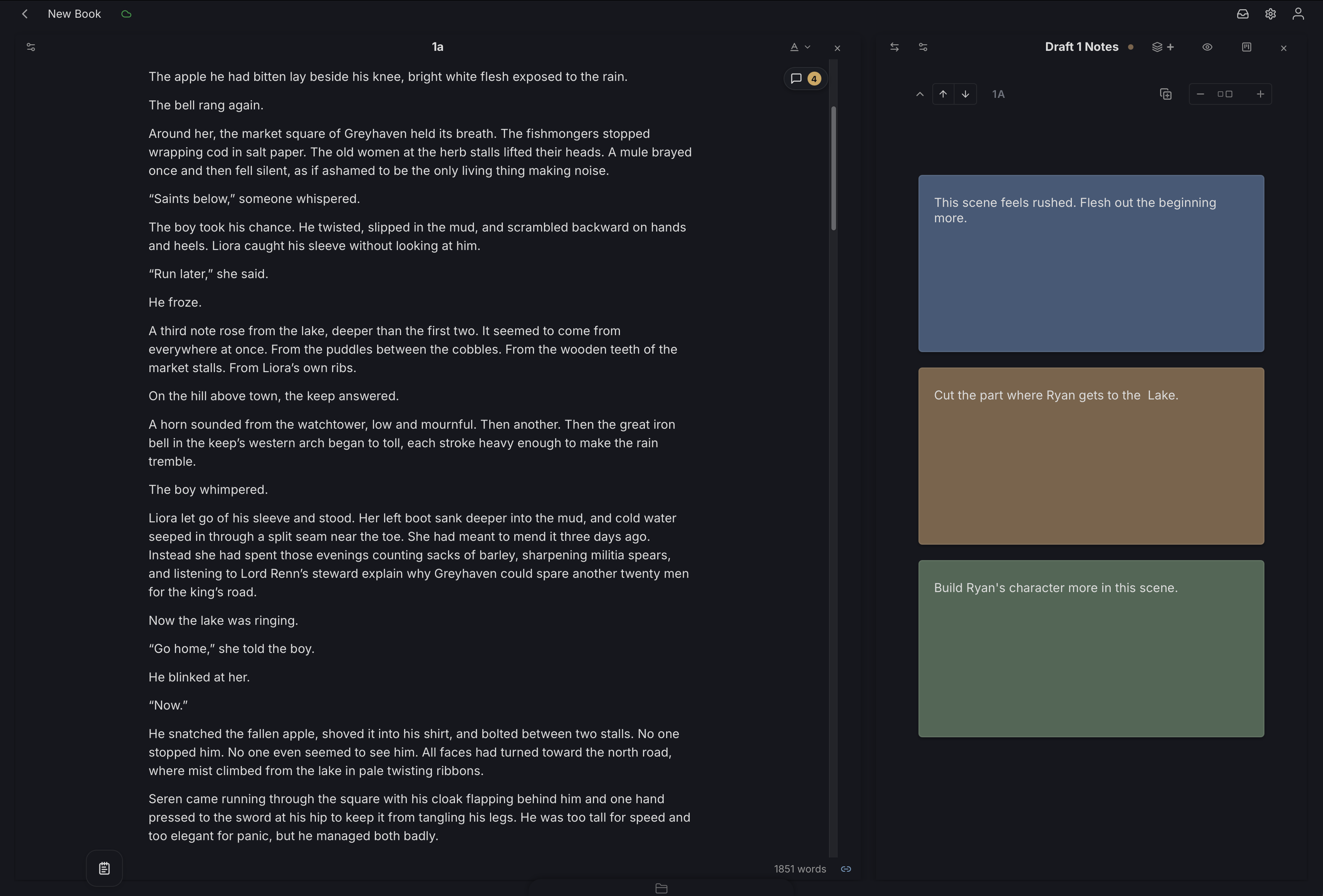 Studio split view with the compiled manuscript on one side and the Draft 1 Notes cards file on the other