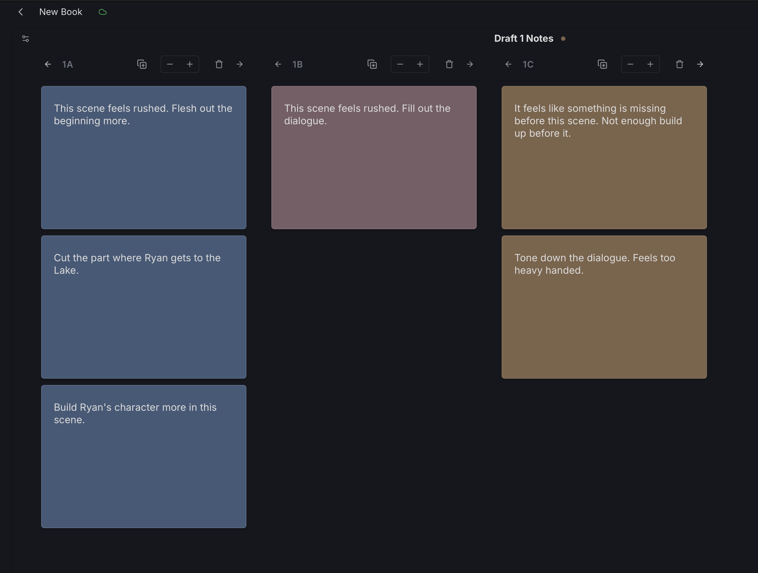 The Draft 1 Notes cards file with a section for each scene and short observation cards