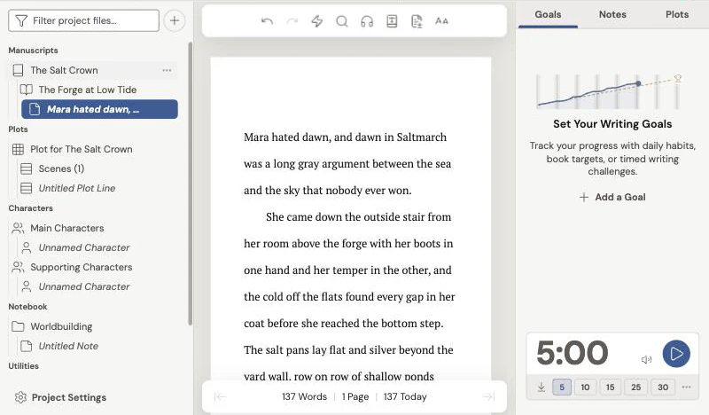 Dabble with a sample chapter open, the project’s manuscript, plot, characters and notebook in the sidebar, and writing goals on the right