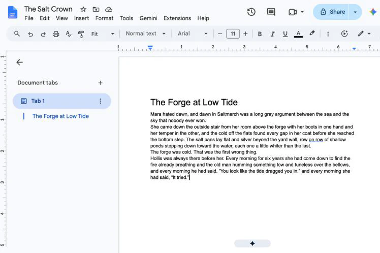 Google Docs with a sample chapter, and its heading listed under the document tab in the sidebar