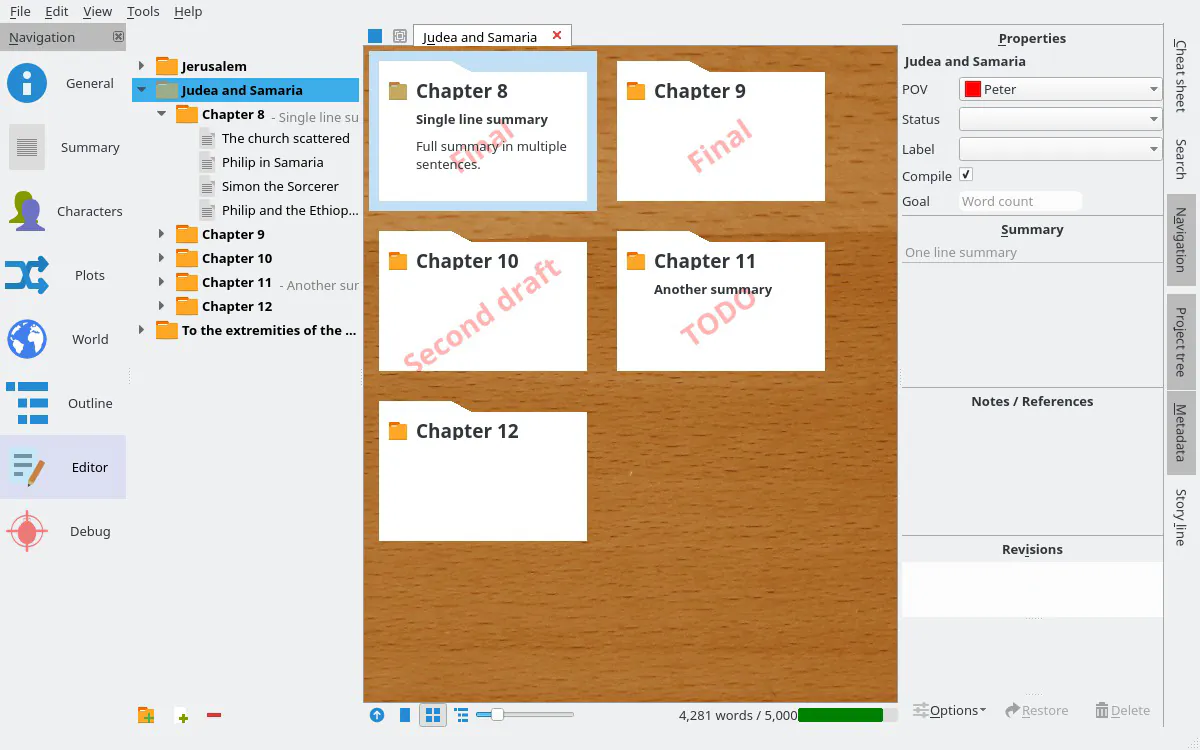 Manuskript with its navigation panel, a tree of chapters and scenes, and chapter cards on a corkboard