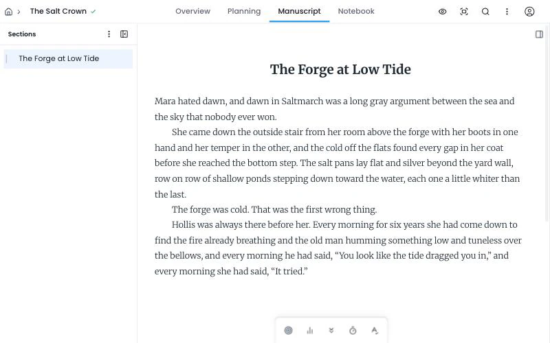 Novlr with a sample chapter open in the manuscript view and its sections listed on the left