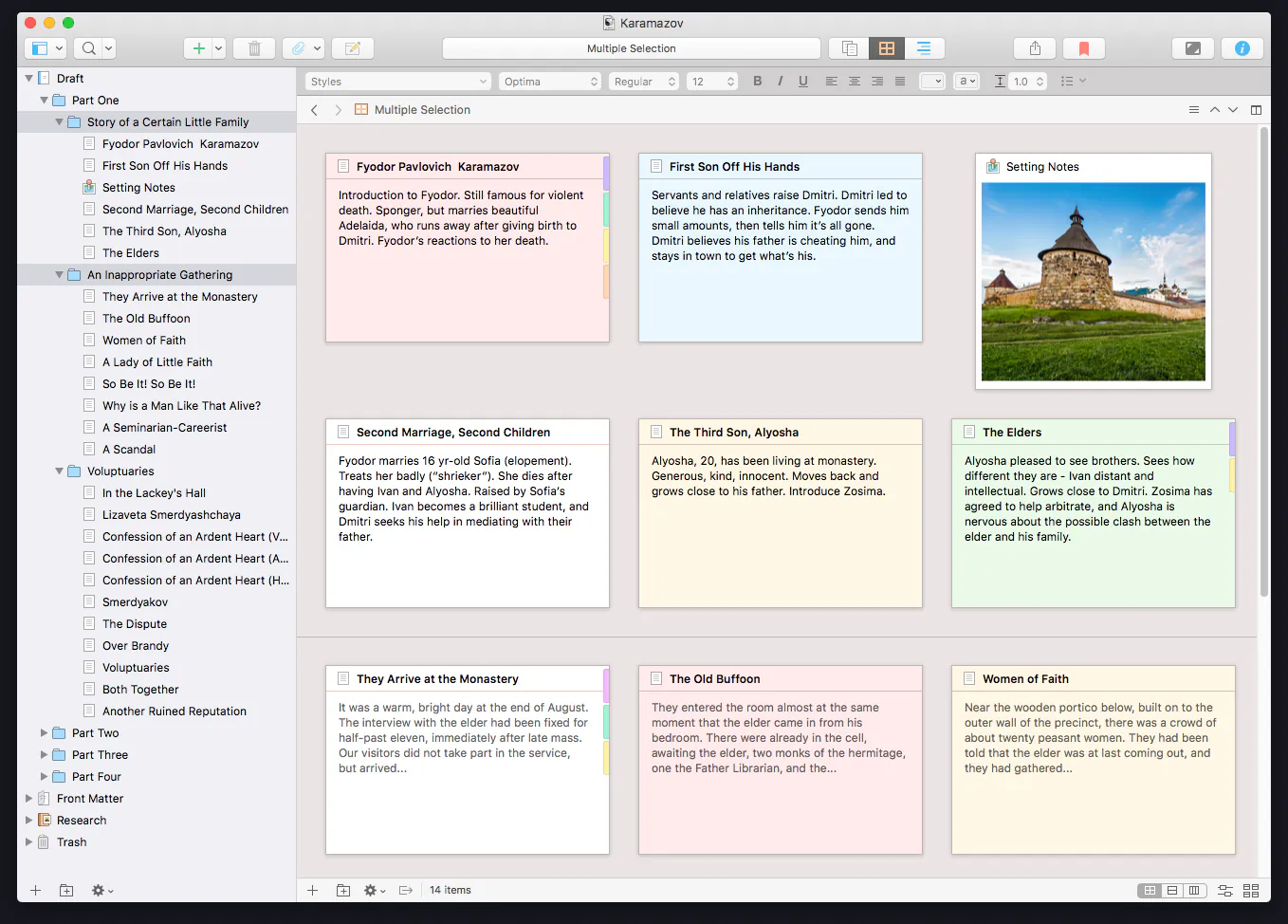 Scrivener on a Mac, with the binder of chapters on the left and the corkboard of index cards on the right