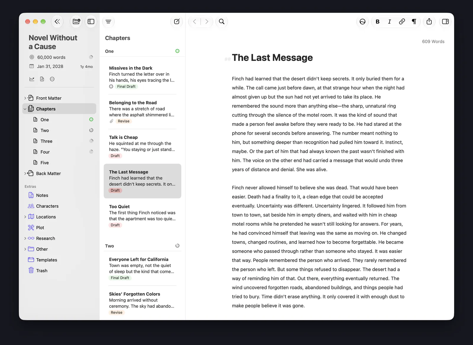 Ulysses on a Mac, with a novel’s library, its list of chapter sheets and a chapter open in the editor