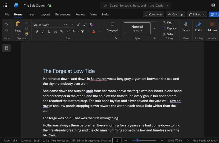 Microsoft Word in a browser, with a sample chapter heading and four paragraphs