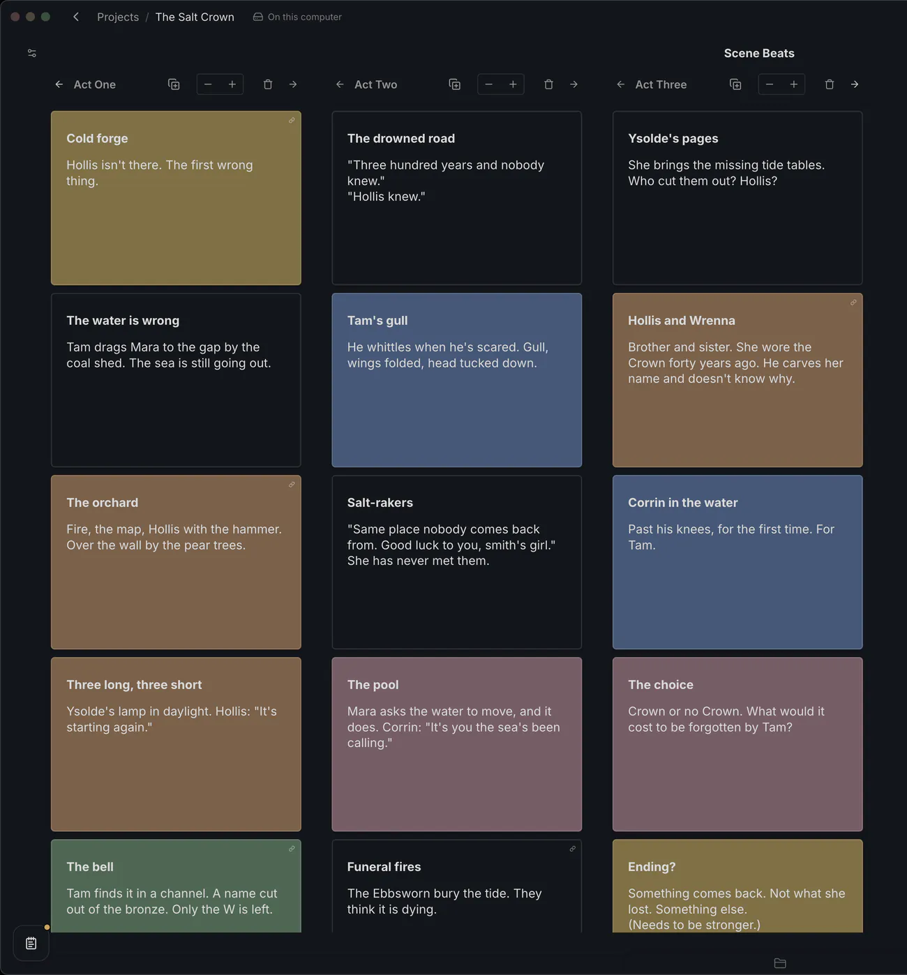 Scene cards for a novel in Studio, color-coded and arranged in three columns, one for each act