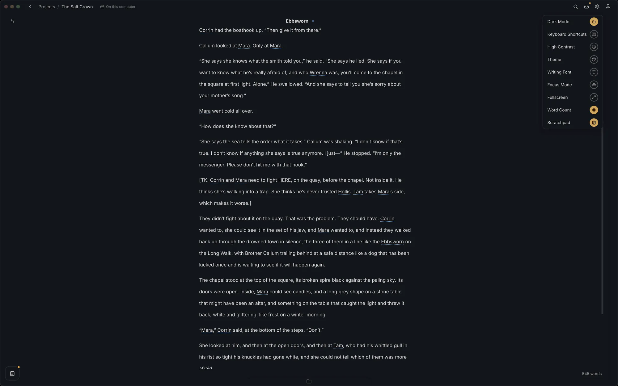 A chapter in Studio’s editor, with the view menu showing dark mode, theme, writing font, focus mode and word count