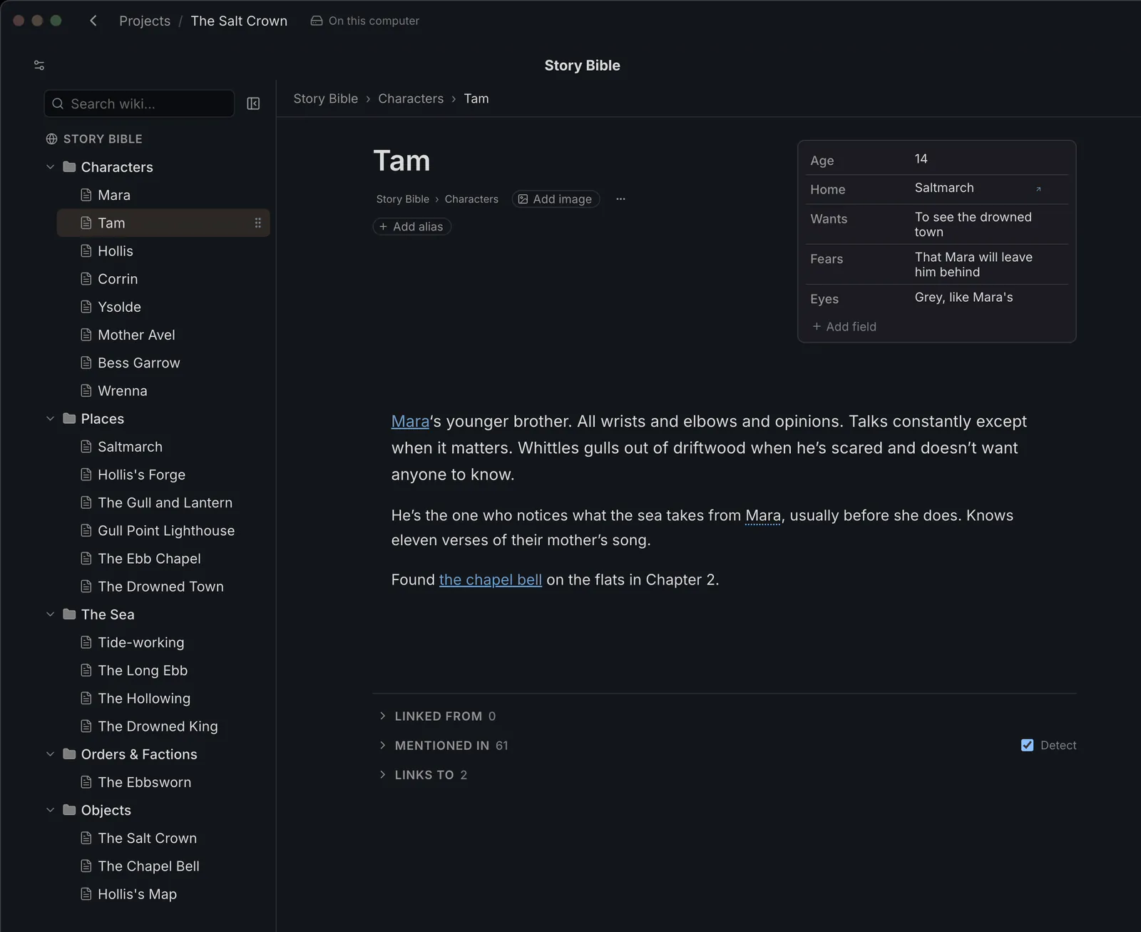 A character’s page in Studio’s wiki, used here as a story bible, with quick facts for age, home, wants, fears and eyes
