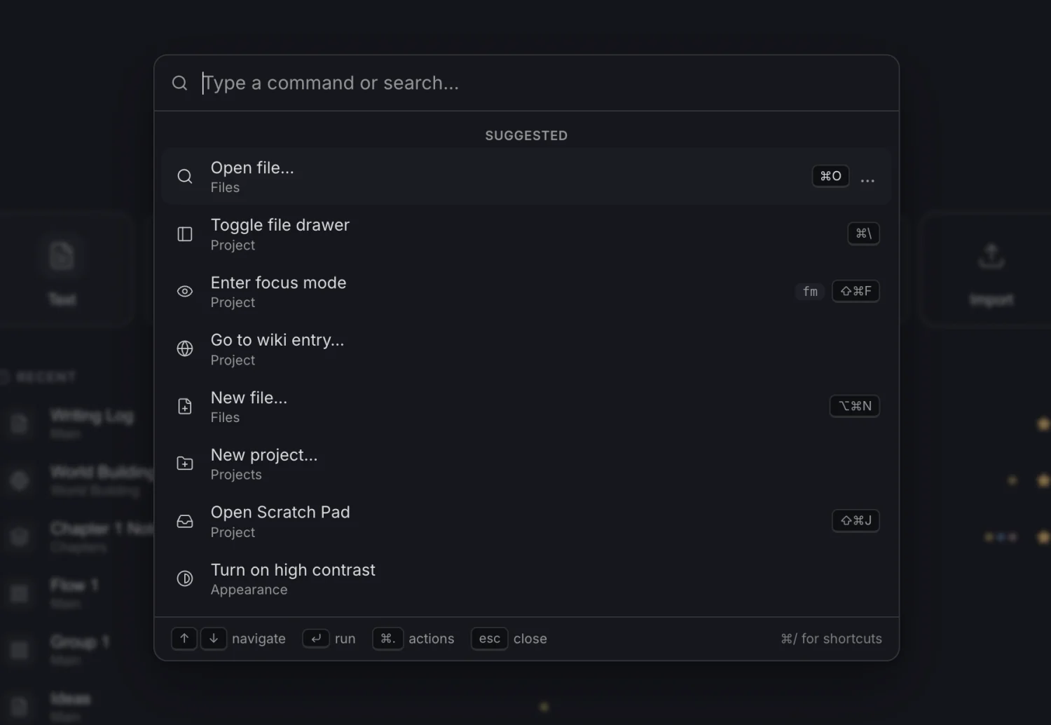 The command palette with suggested commands and their shortcuts