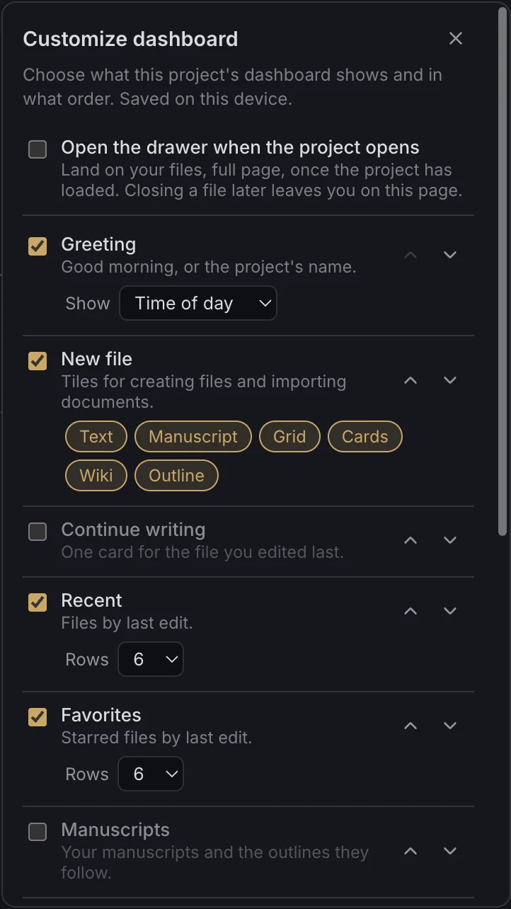 The Customize dashboard panel