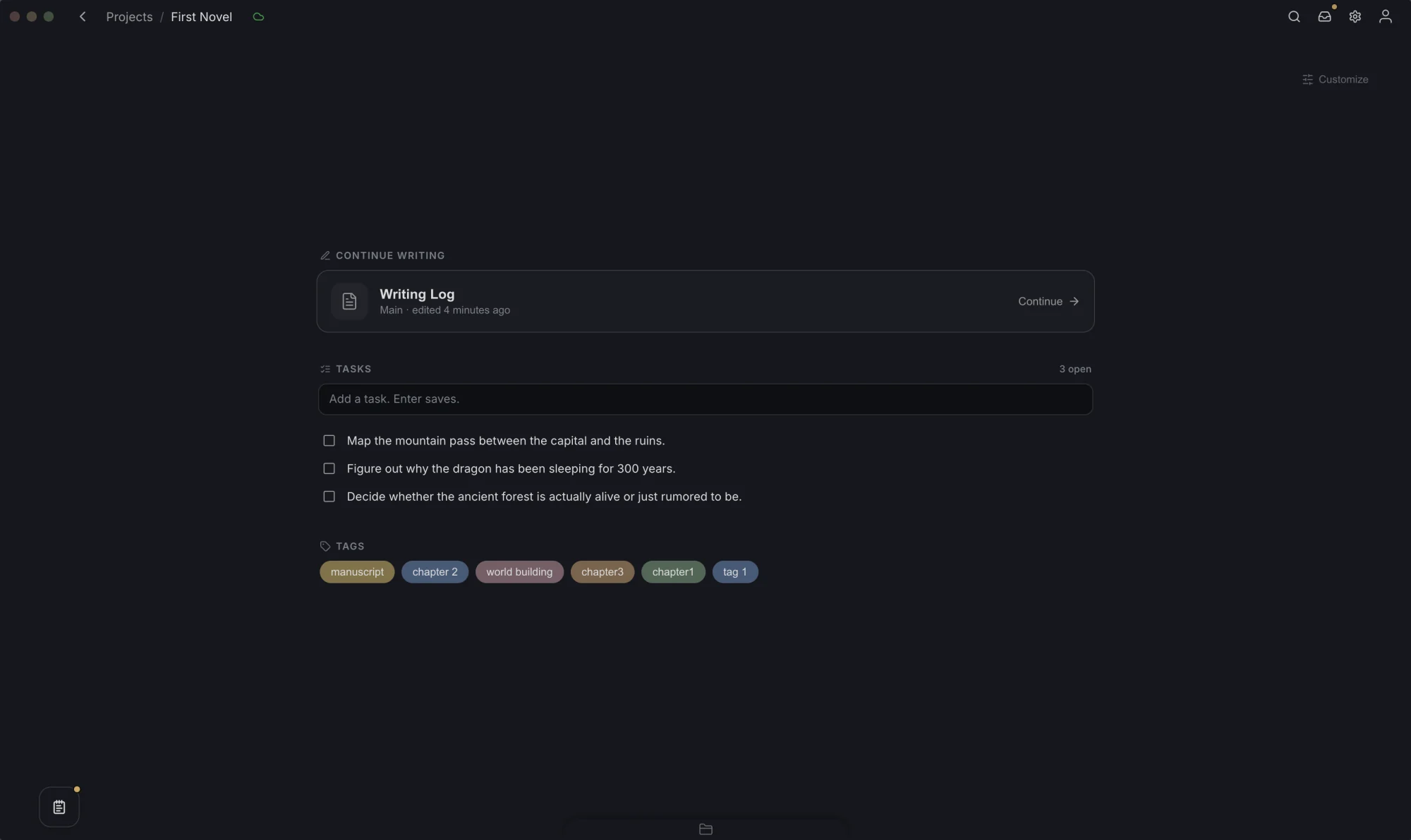 A project dashboard showing Continue writing, Tasks and Tags