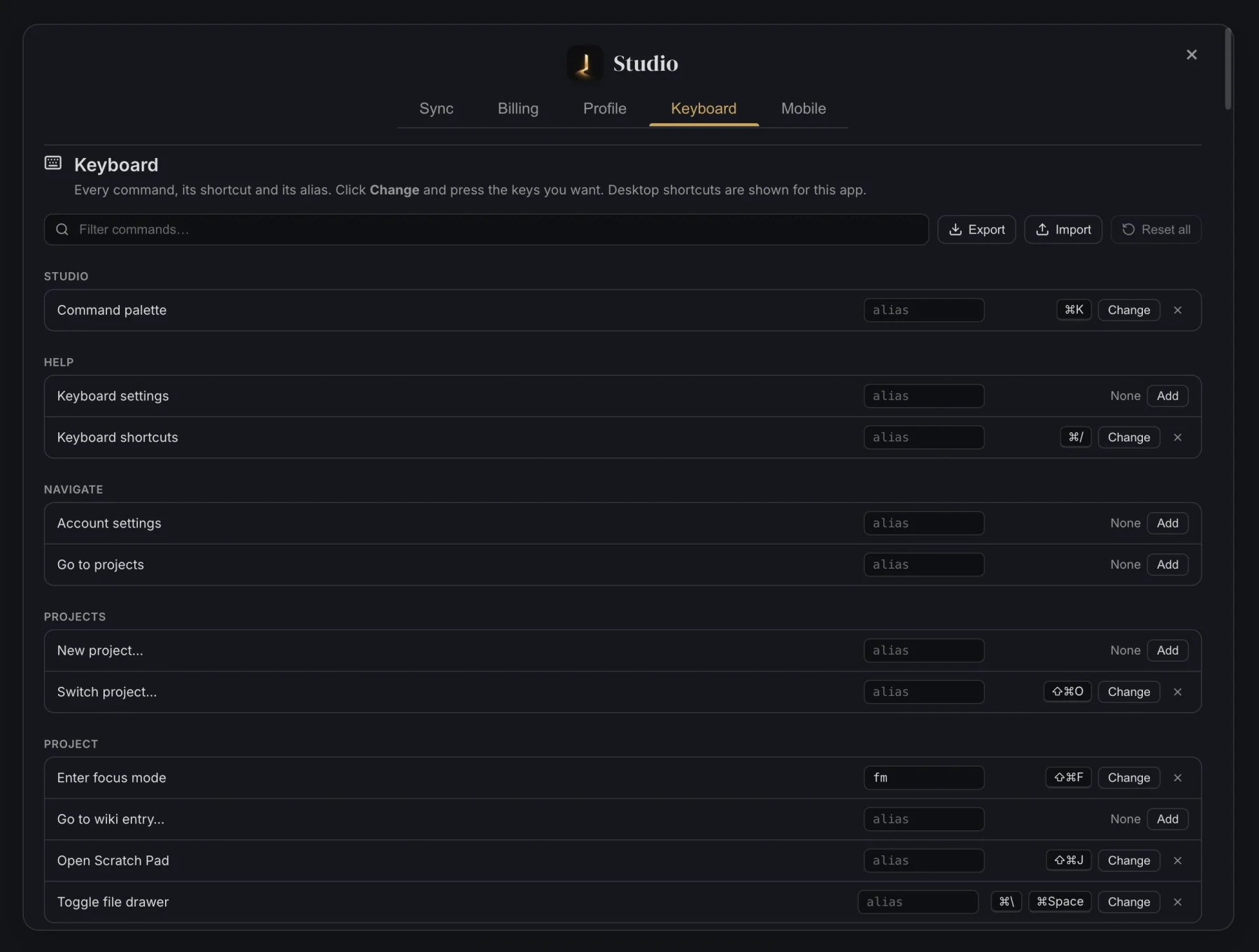 The Keyboard tab in Account, listing commands, nicknames and shortcuts