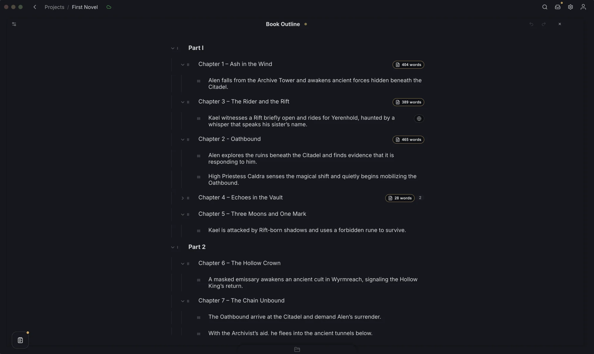The new outline editor with headers, subheaders, details and word counts on linked chapters