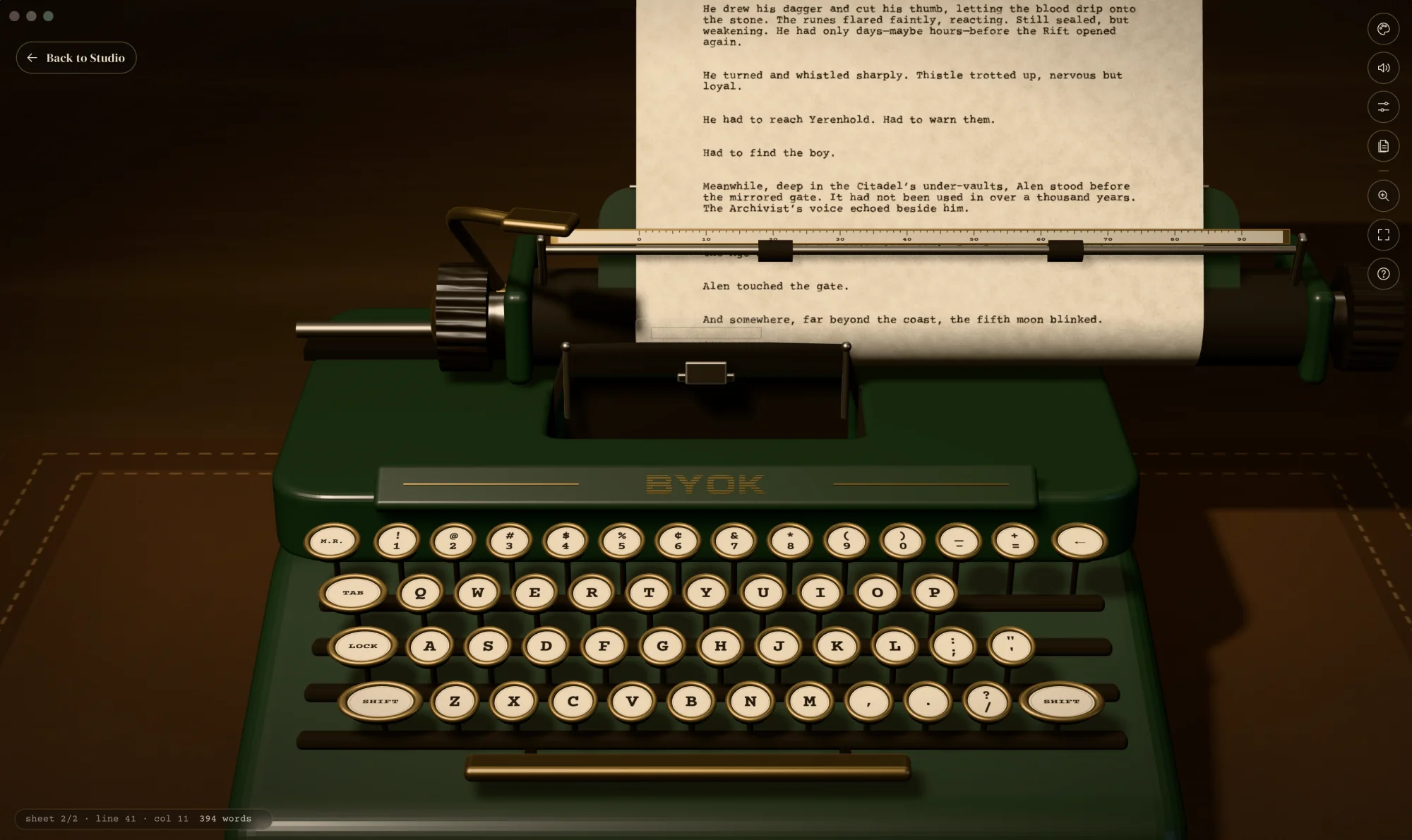 The 3D typewriter with a page of a manuscript rolled into it