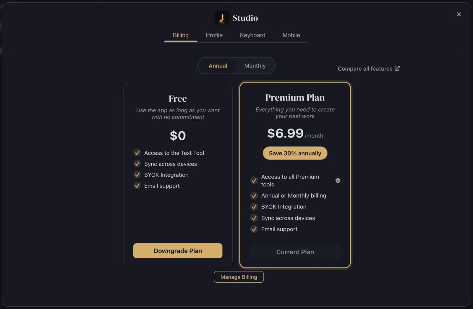 The Billing tab of the Account window, with the Free and Premium plans