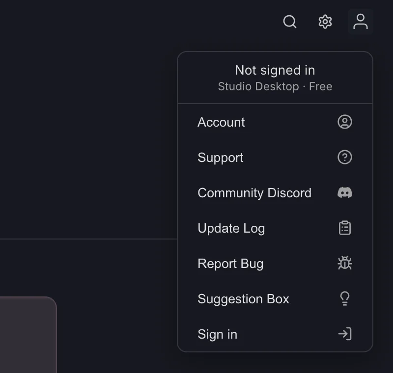 The account menu in the desktop app with no account