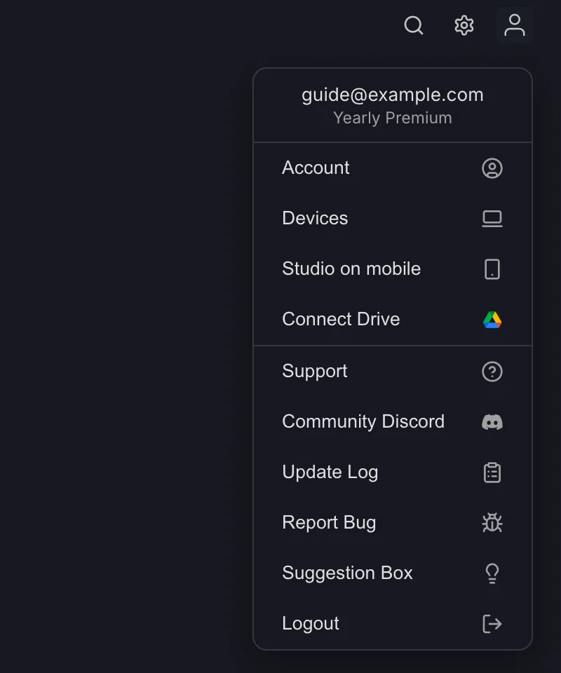 The account menu on the web, with Account, Devices, Studio on mobile, Connect Drive, Support, Community Discord, Update Log, Report Bug, Suggestion Box and Logout