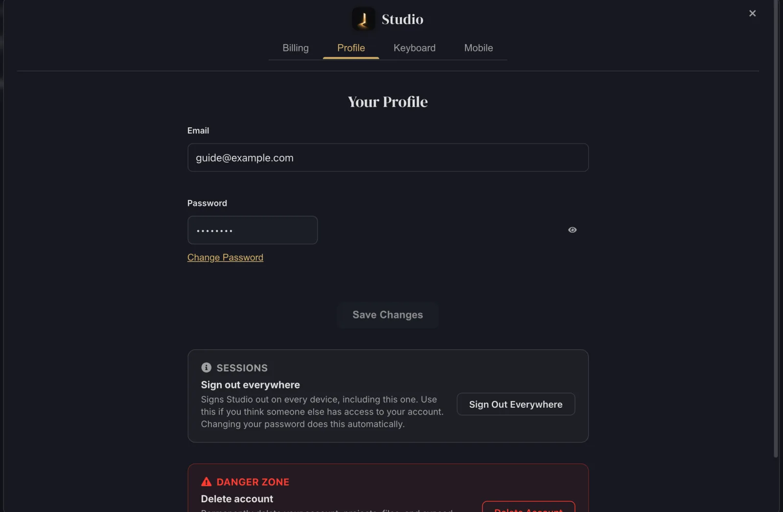 The Profile tab with email, password, Sign out everywhere and Delete account