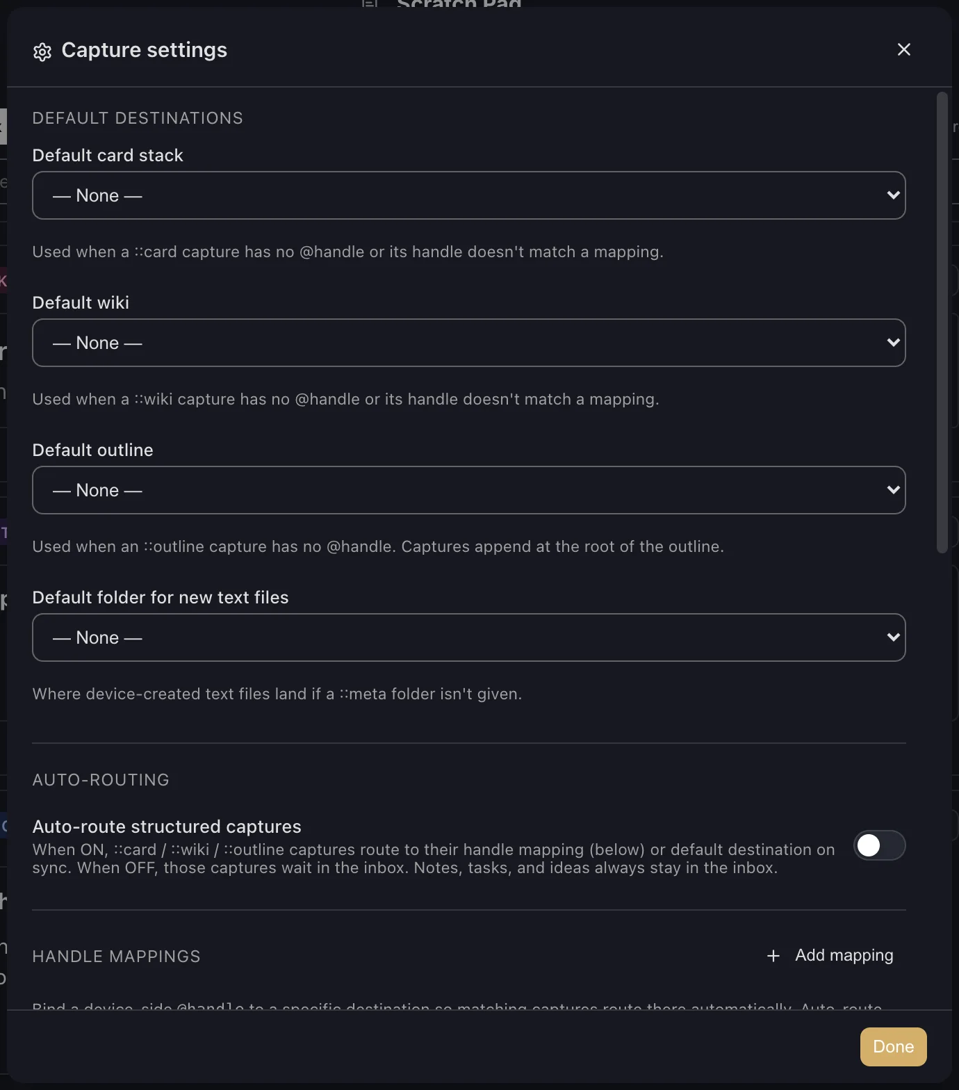 Capture settings: default destinations, auto-routing, handle mappings, tag handles, custom commands and cleanup