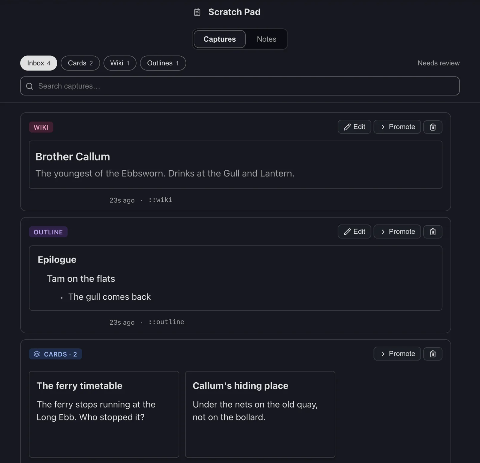 The Captures inbox with a wiki entry, an outline branch and two cards from the BYOK