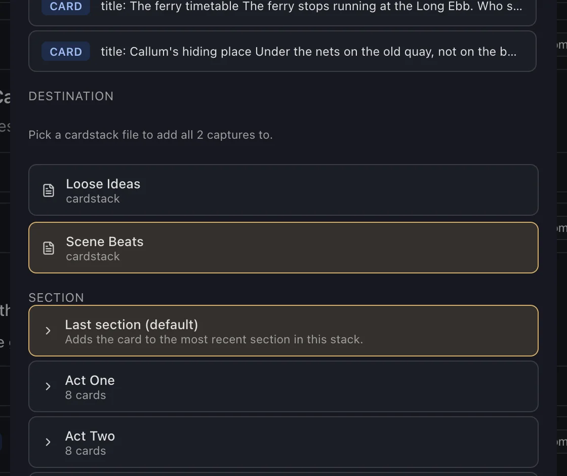 The Promote dialog for two cards, choosing a card stack and a section
