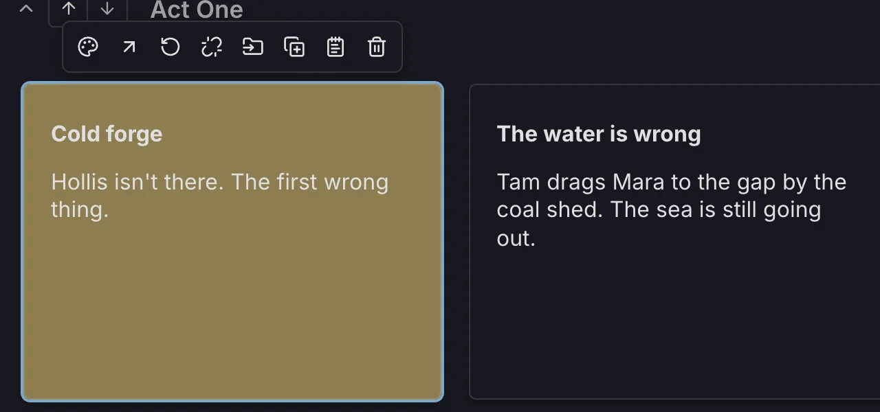 A selected card with its toolbar: color, open link, switch view, remove link, move to section, duplicate, Scratch Pad and delete