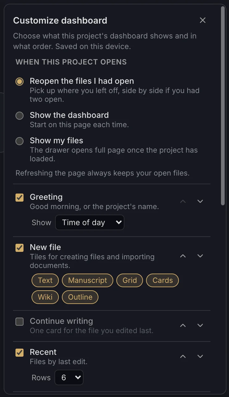 The Customize dashboard panel with the When this project opens choices and the list of parts