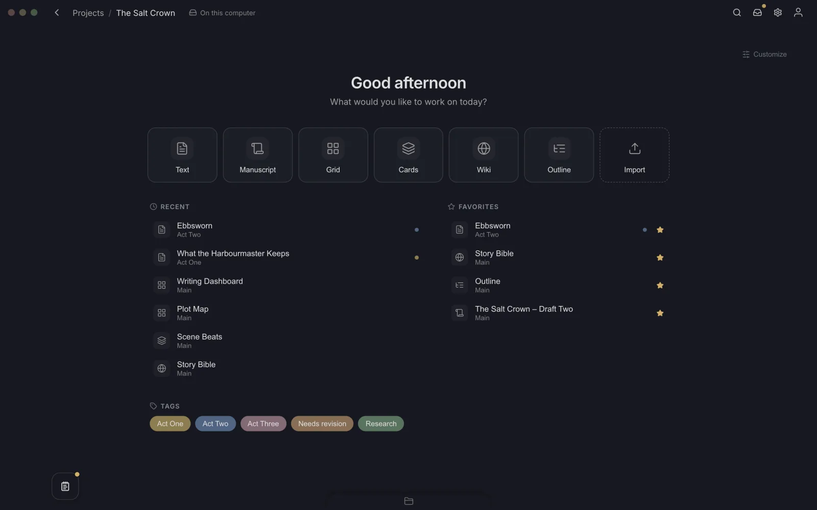 The project dashboard in Studio, with buttons for each kind of file, recent files and favorites