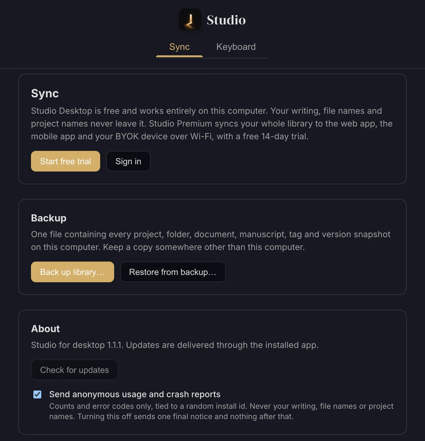 Account › Sync in the desktop app, with Sign in, Backup and About