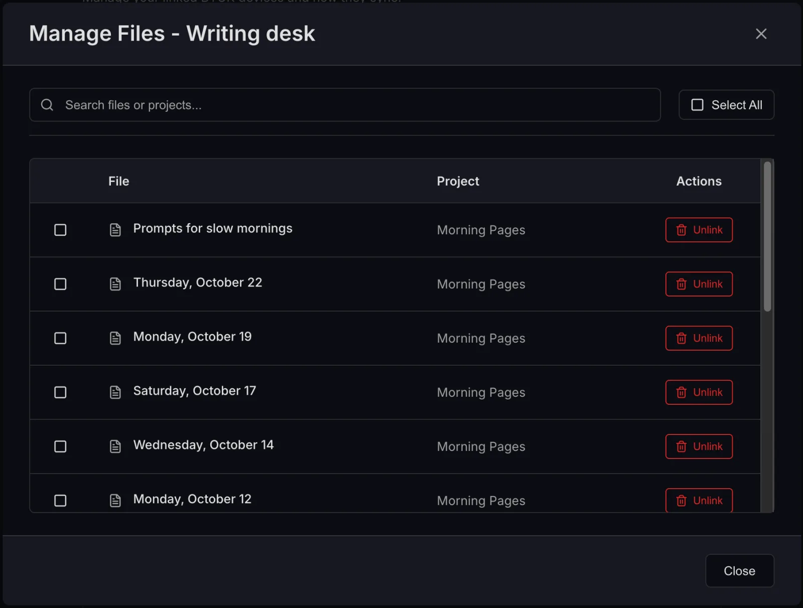 Manage Files for a device: a list of synced files with their projects and Unlink buttons