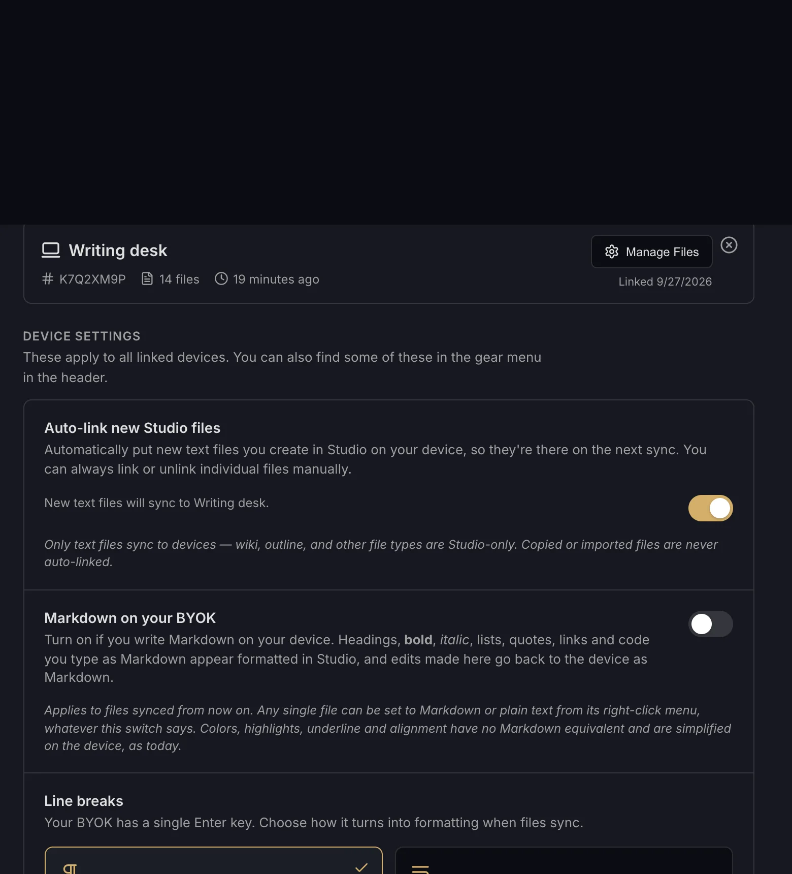 Device settings: Auto-link new Studio files, Markdown on your BYOK, Line breaks and Backup syncs to Drive