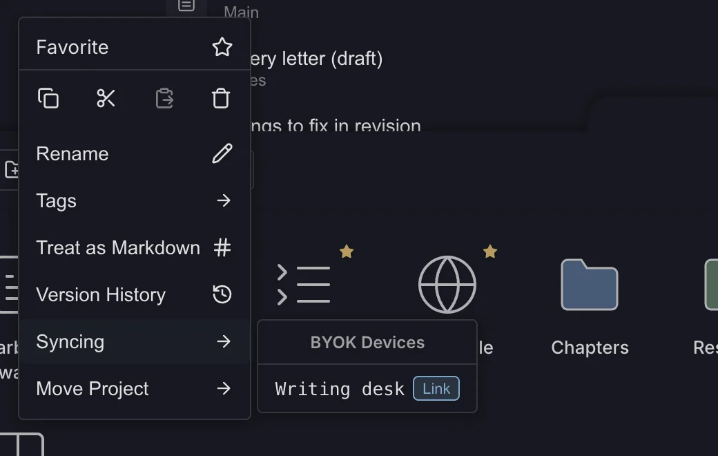 The right-click menu with Syncing open, showing the device Writing desk and a Link button