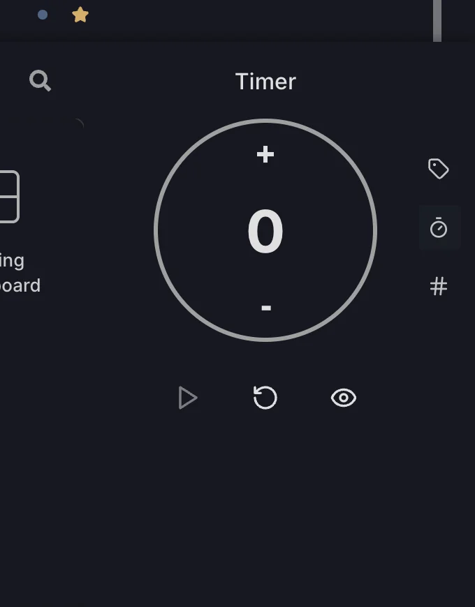 The timer: a circle showing minutes with plus and minus, and play, reset and show buttons