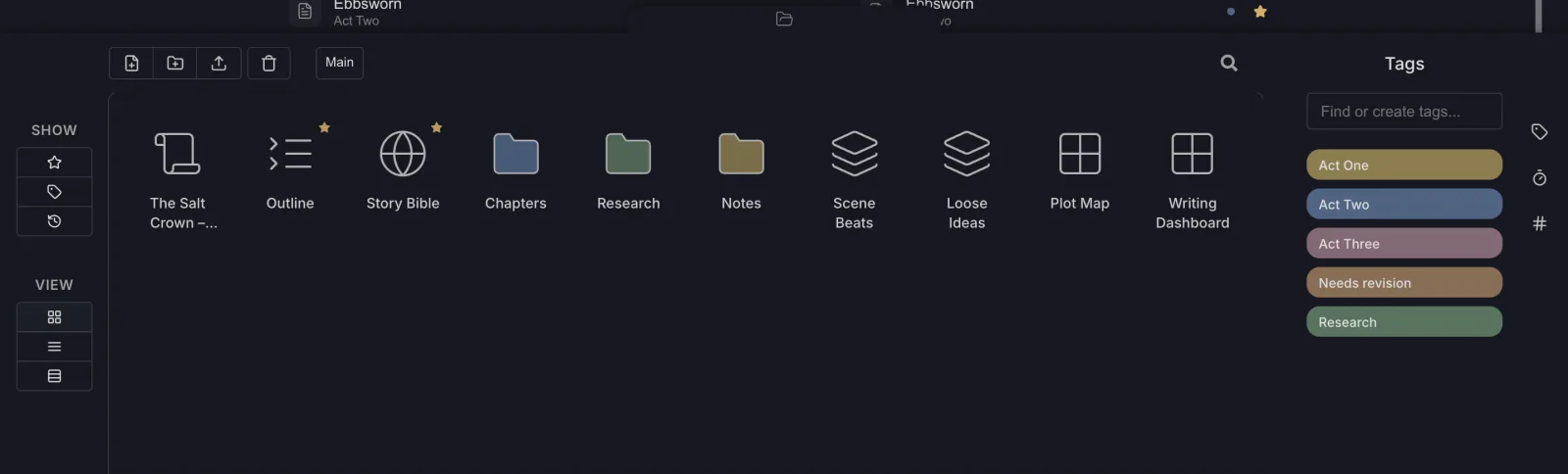 The file drawer open at the bottom of the window, with folders and files as icons and the Tags panel on the right