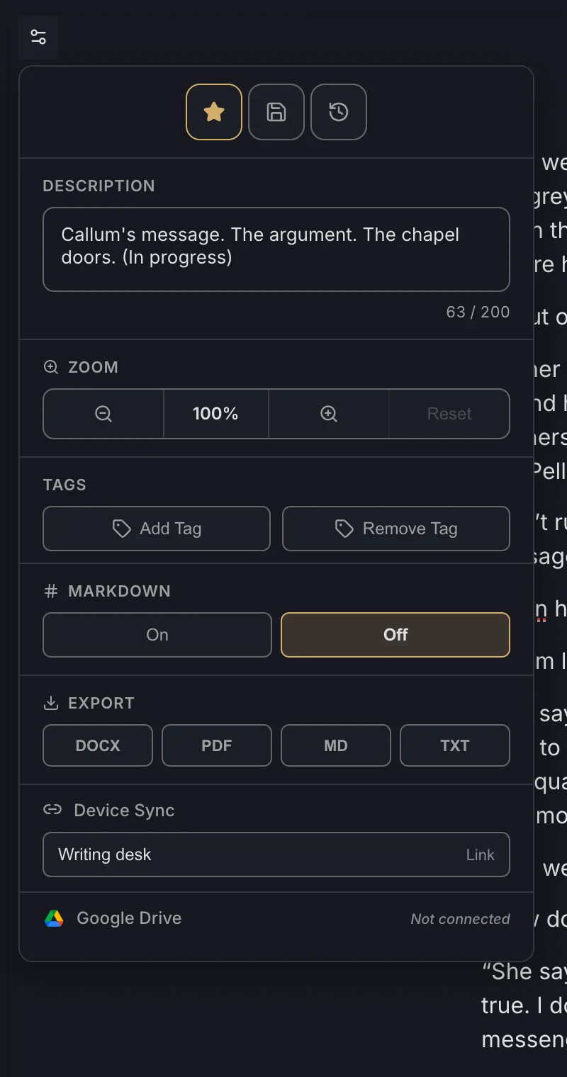 The file options panel for a text file: favorite, checkpoint and history buttons, Description, Zoom, Tags, Markdown, Export, Device Sync and Google Drive