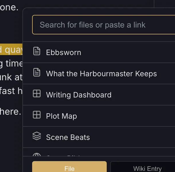 The link box with a file search and File and Wiki Entry tabs