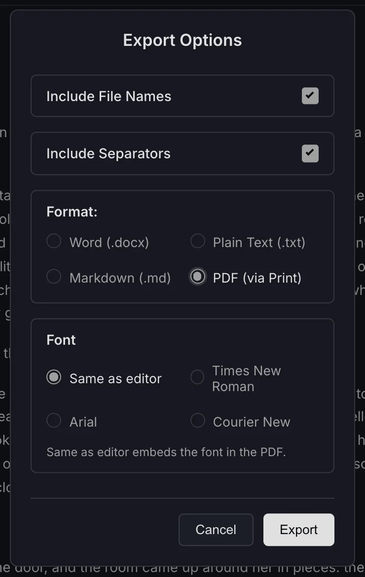 The Export Options box with file names, separators, format and font