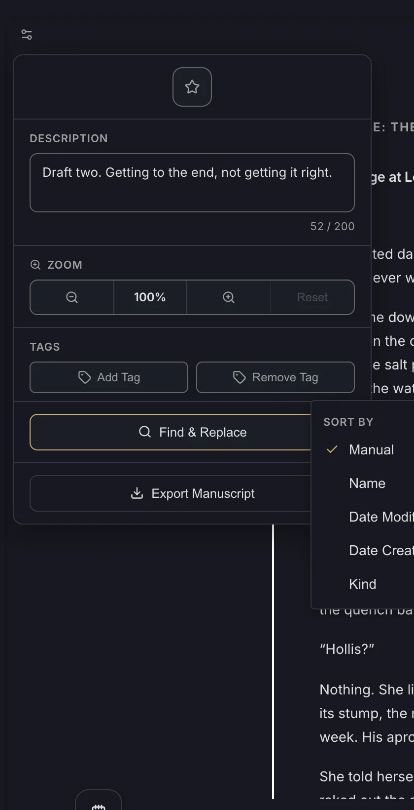 The manuscript's file options with zoom, tags, find and replace, and Export Manuscript