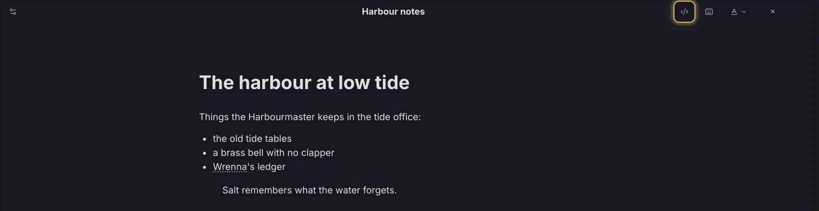 A Markdown file shown formatted, with the source view button highlighted in the header