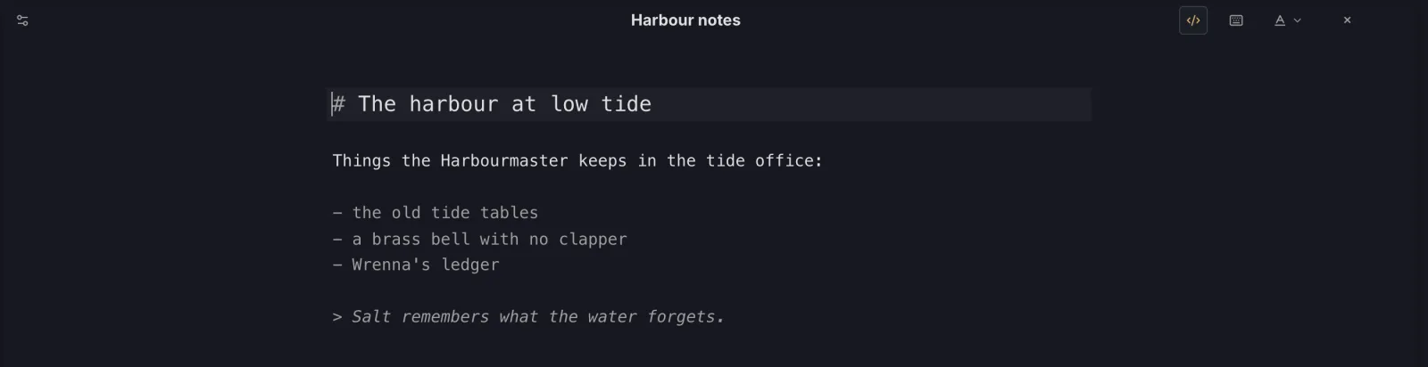 The same file in the source view, showing the hash, dashes and quote mark