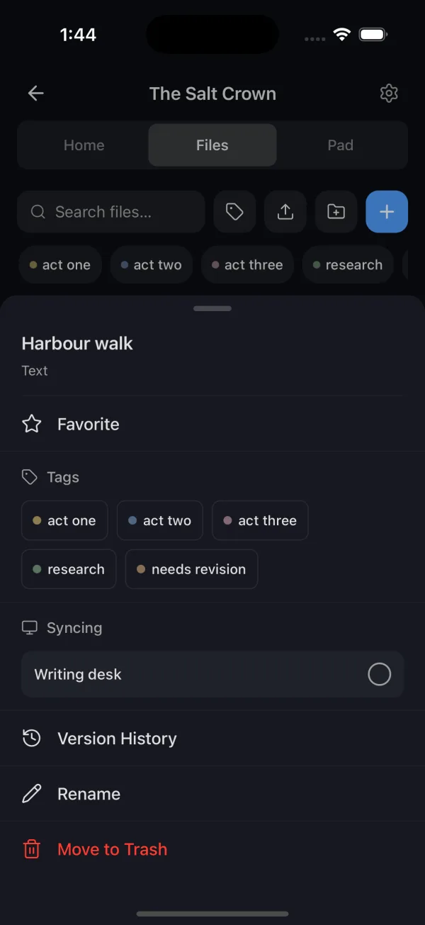 The actions sheet for a file, with Favorite, Tags, Syncing, Version History, Rename and Move to Trash